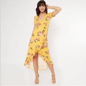Yellow Floral Ruffle Trim Maxi Dress